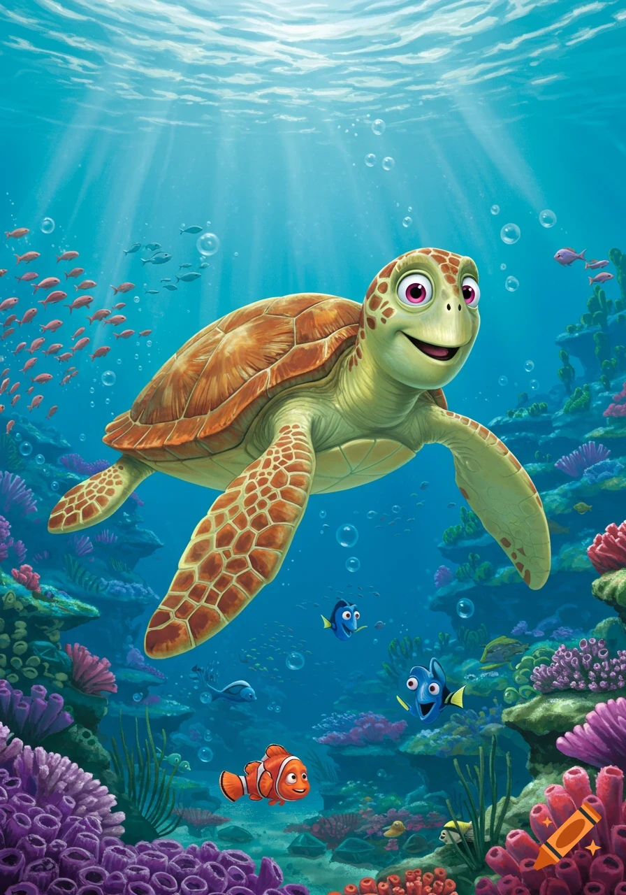 Crush the sea turtle swims with Nemo and Dory in a vibrant underwater coral reef, cartoon style.