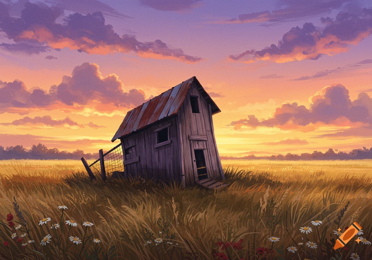 A crooked old wooden chicken coop stands in a golden field under a vibrant orange and purple sunset sky, in digital watercolor style.