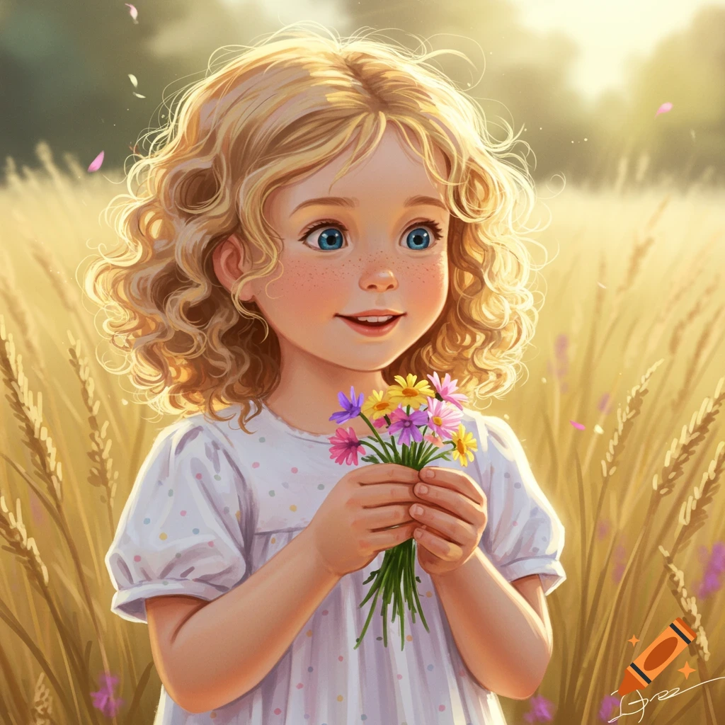 An illustration of a young blonde girl with blue eyes and freckles, holding colorful flowers in a sunny golden field.