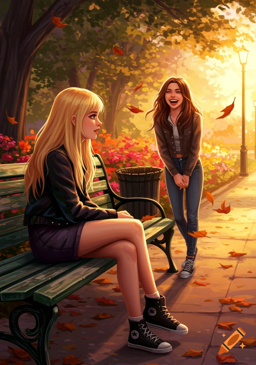 Digital illustration of two young women in an autumn park. One sits on a bench, looking at the other, who stands smiling brightly.