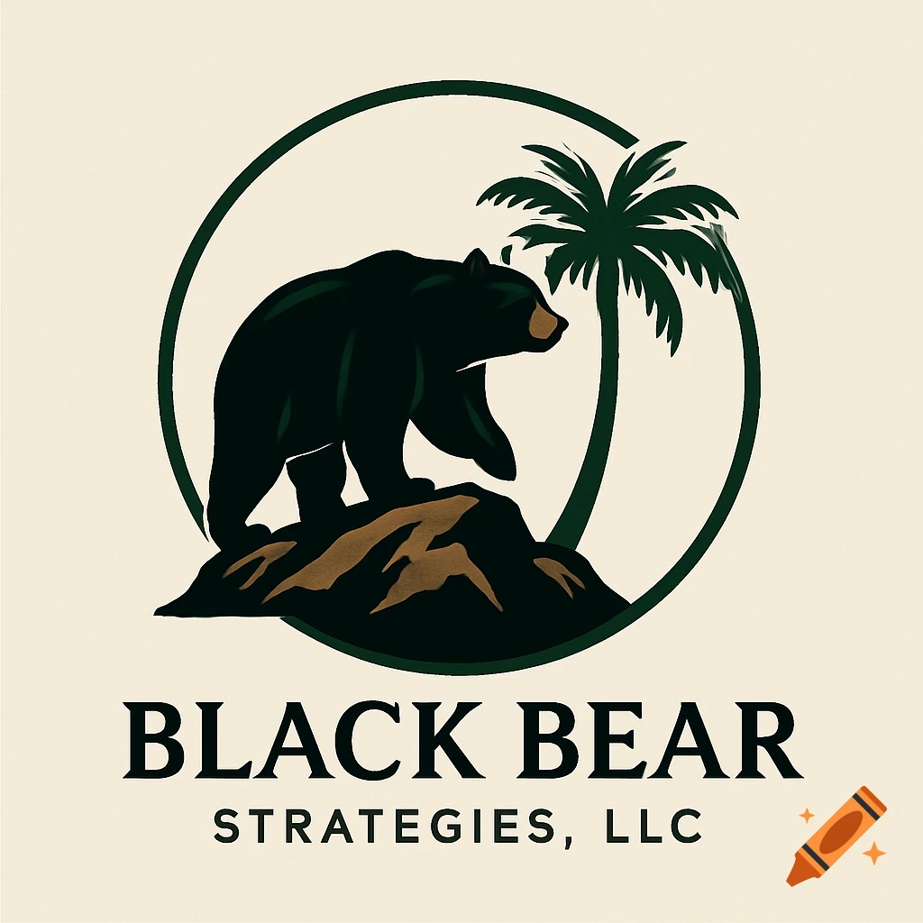 Logo featuring a black bear on a rock next to a palm tree, encircled, with 'BLACK BEAR STRATEGIES, LLC' below.