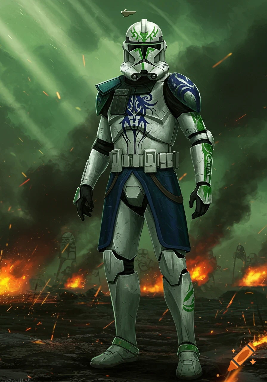 A green and blue clone commander stands in a battle-scarred landscape with fires in the background, digital art.