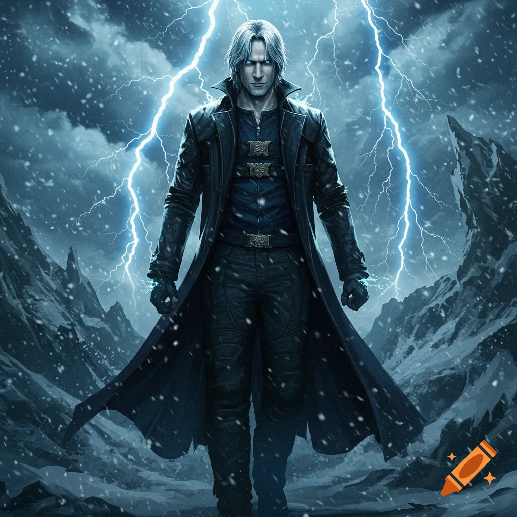A man with white hair in a long dark coat stands in a snowy mountain landscape under a stormy sky with lightning.