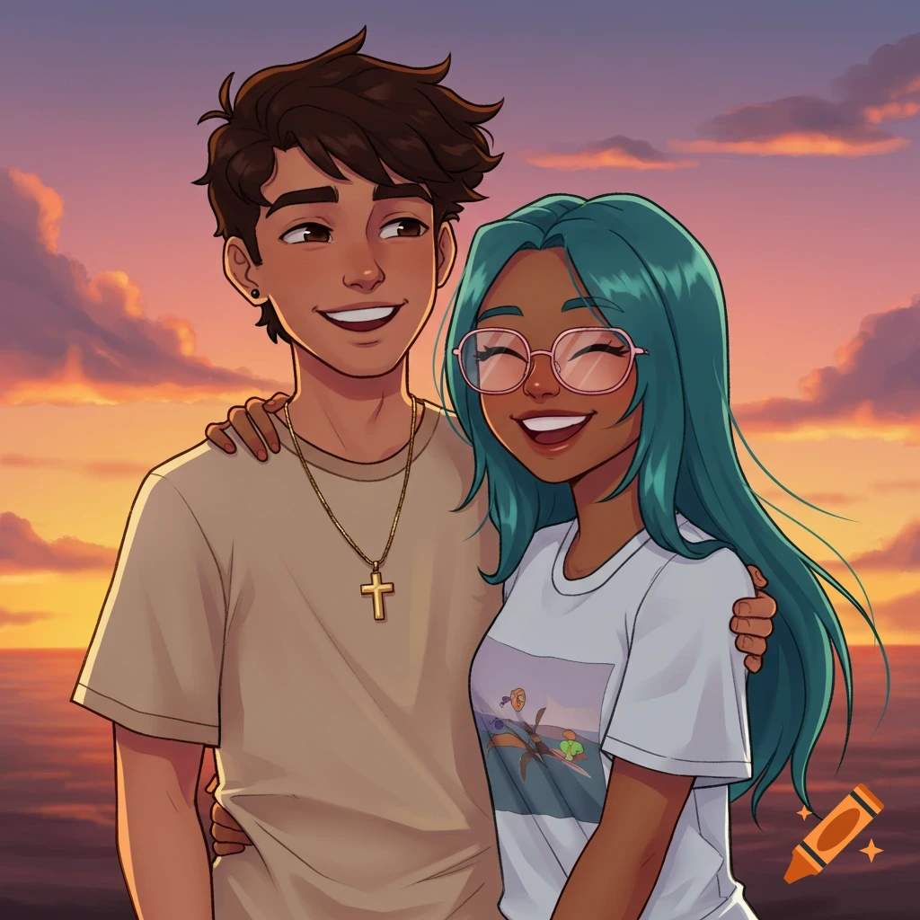Cartoon couple smiling and hugging at sunset; boy in beige tee with cross, girl in pink glasses and graphic tee.