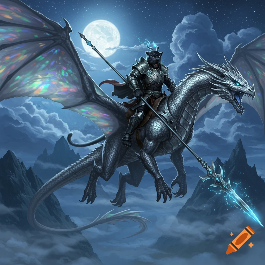 A panther-headed knight in armor rides a silver dragon under a full moon in a cloudy, mountainous night sky, in a detailed fantasy art style.