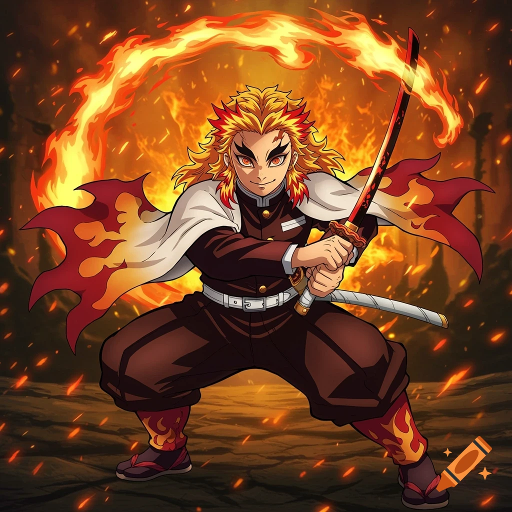 Anime character Rengoku Kyojuro in a dynamic pose with a katana, surrounded by fire against a dark background.