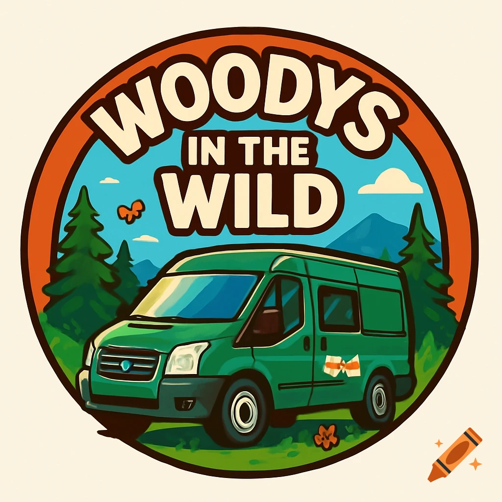 A circular logo featuring a green camper van in a natural landscape with trees and mountains, under the text 'WOODYS IN THE WILD'.