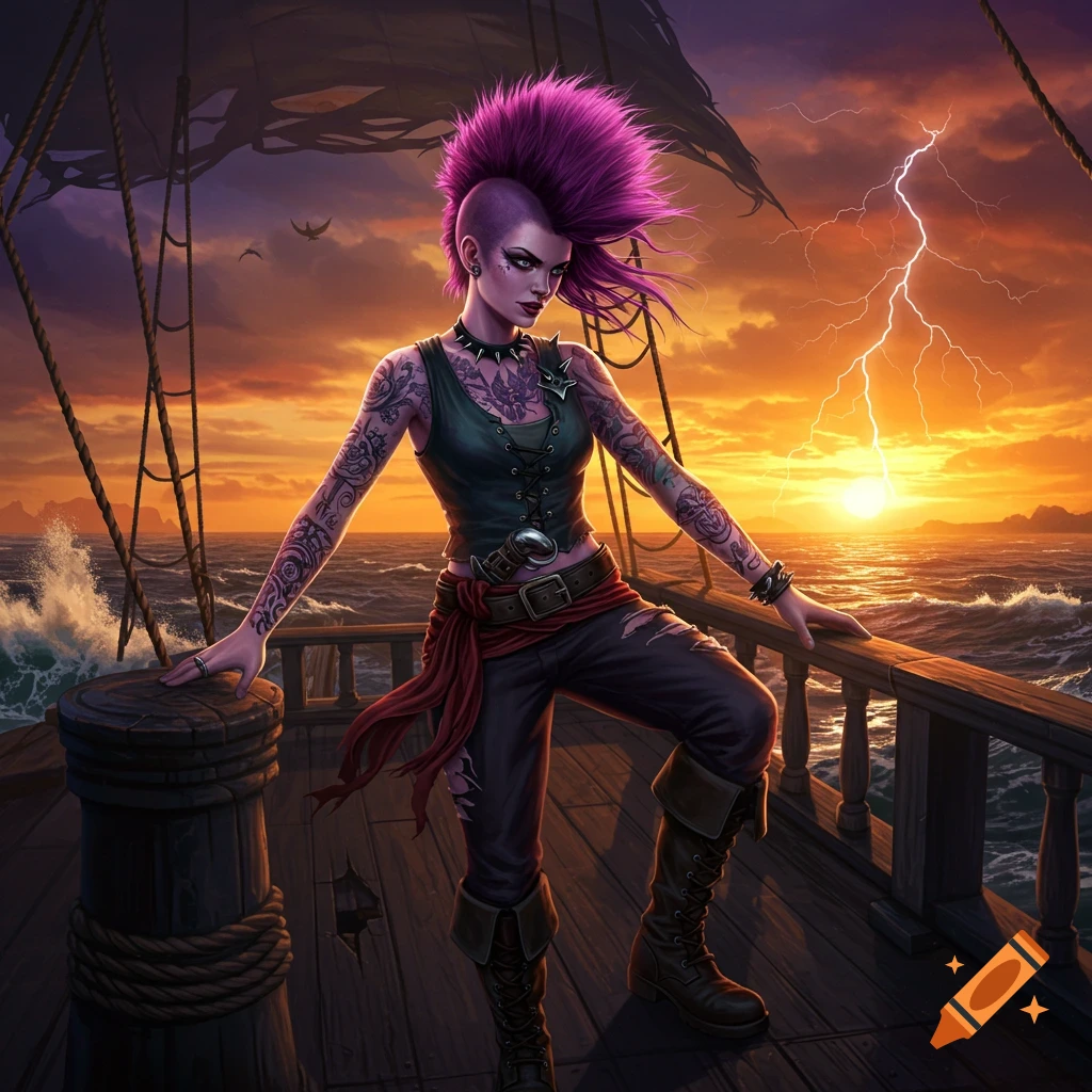 A punk pirate girl with purple mohawk and tattoos stands on a ship deck during a stormy sunset with lightning.