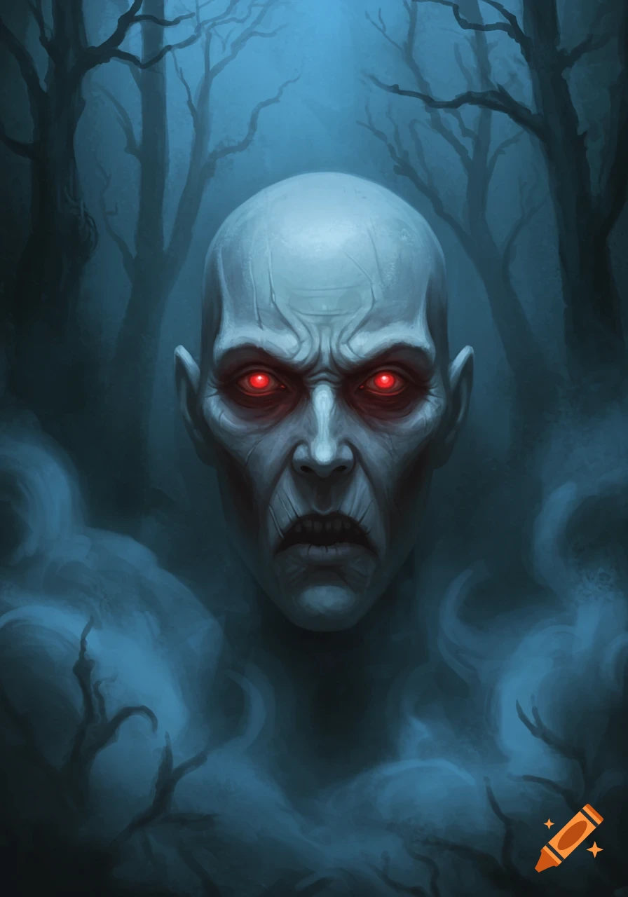 A scary, pale, bald creature with glowing red eyes emerges from dark, misty woods in a digital painting.