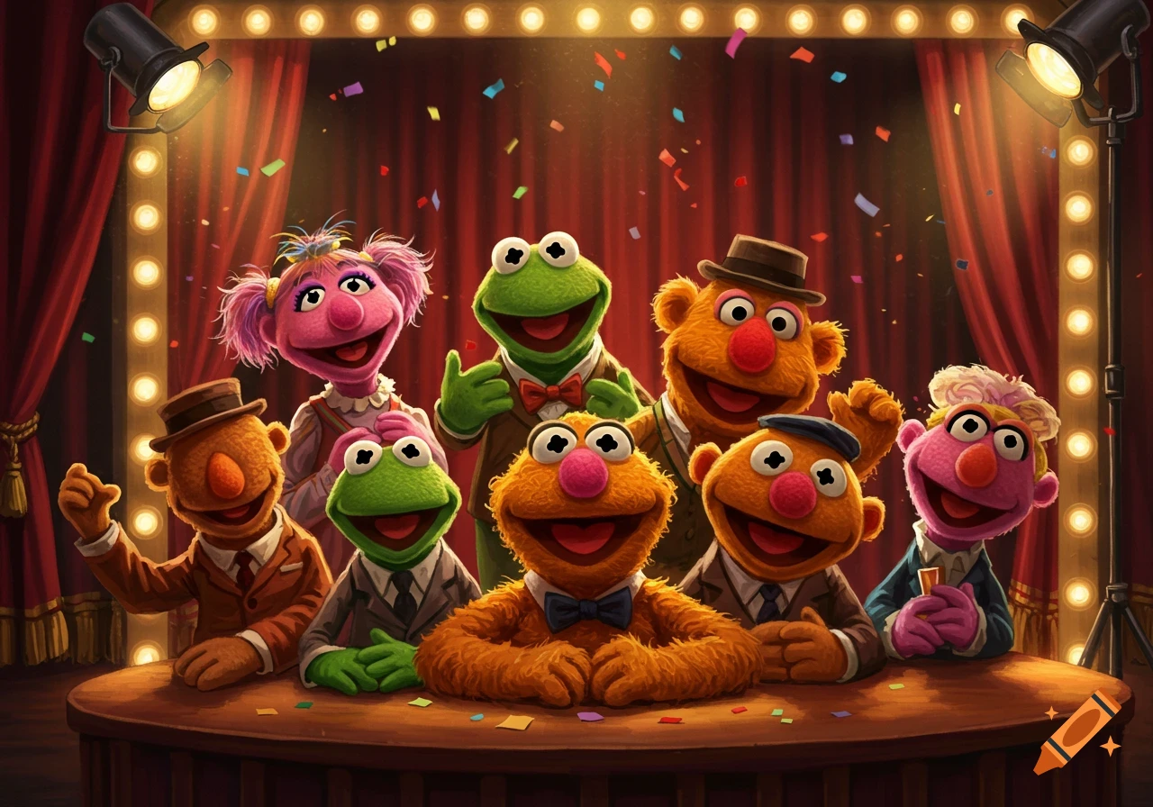 A group of colorful Muppet-like characters on a stage with red curtains, spotlights, and falling confetti.