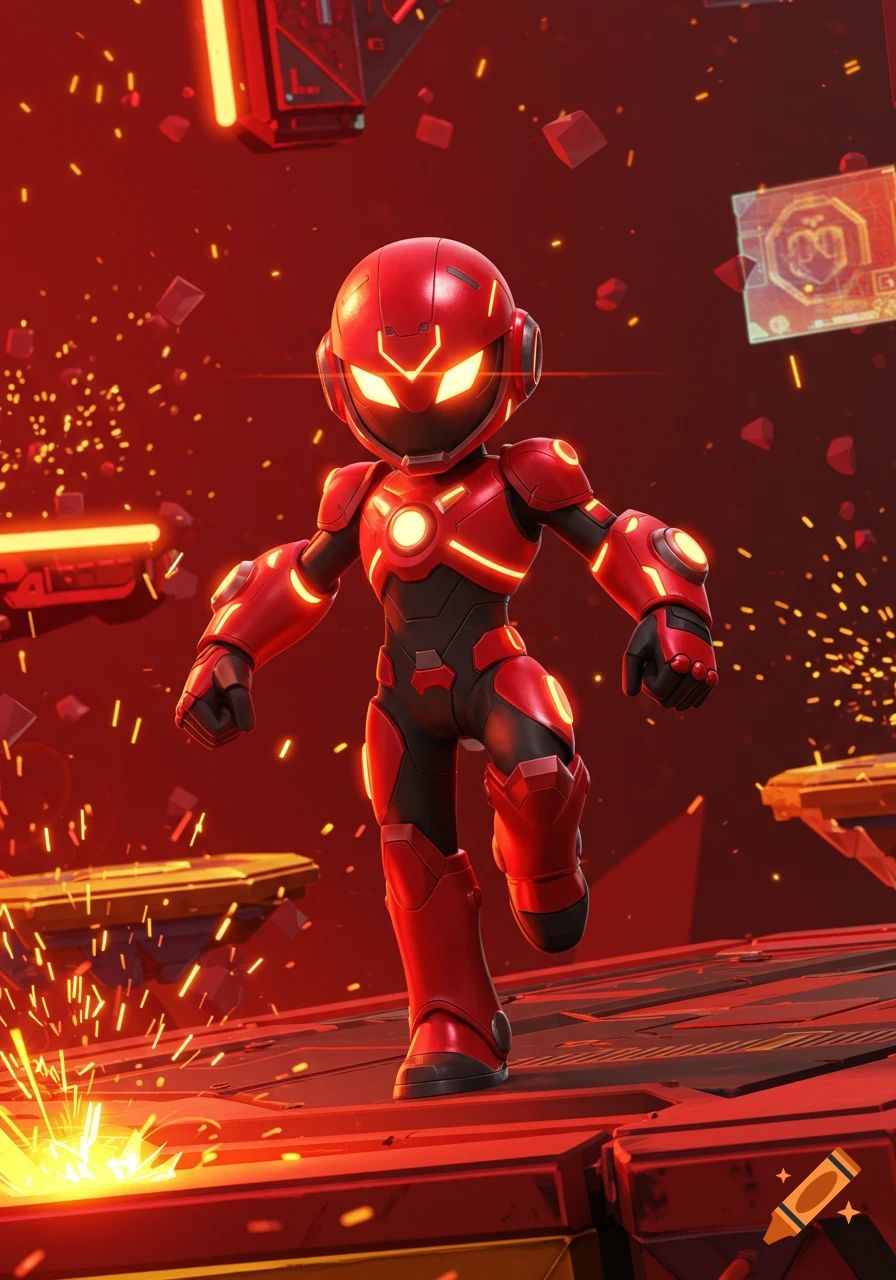A vibrant red robotic character with glowing eyes and armor stands on a metallic platform in a futuristic red environment with sparks.