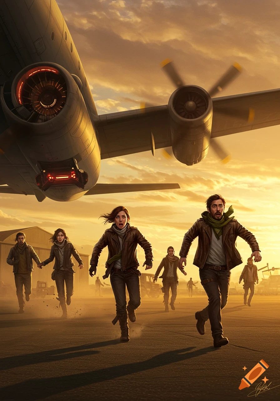 Several people run across an airfield at sunset, fleeing from a large airplane with glowing engines.