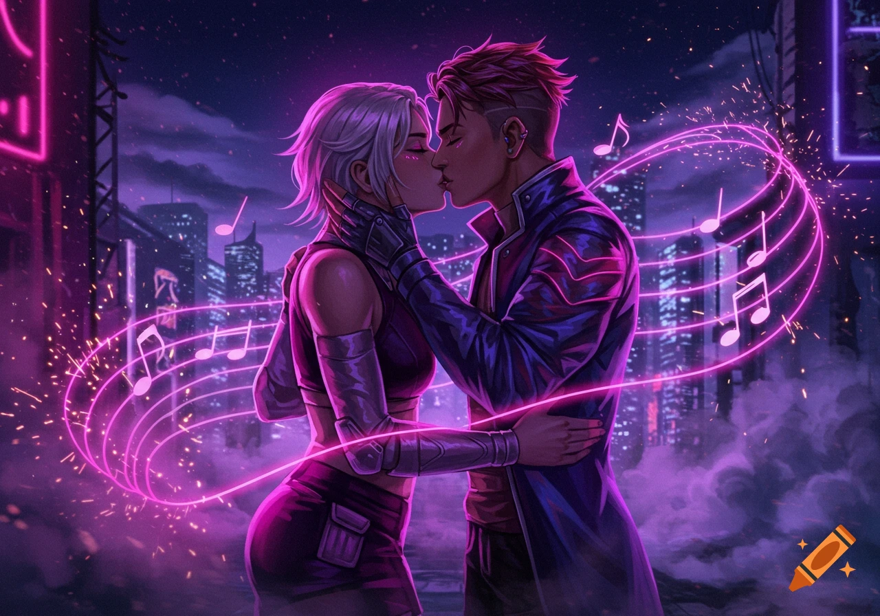 A couple kisses intimately against a neon-lit futuristic cityscape with glowing musical notes, in a vibrant, stylized art style.