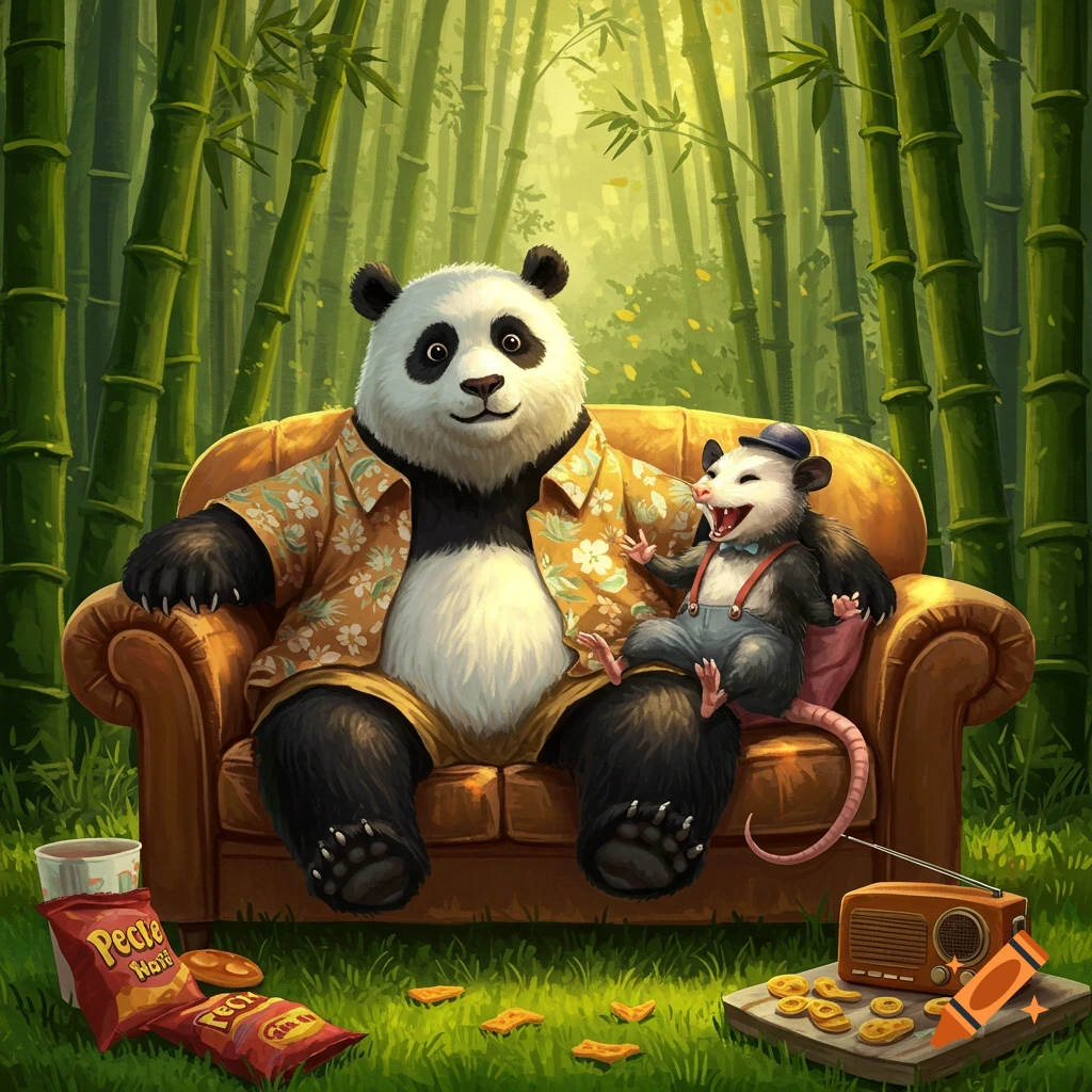 An anthropomorphic panda wearing a Hawaiian shirt and an opossum in overalls relaxing on a brown couch in a bamboo forest, with snacks and a radio.