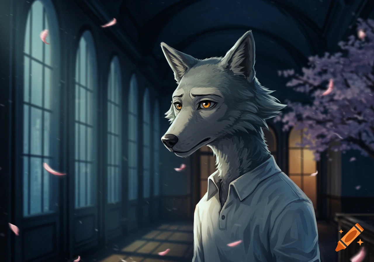 An anime-style anthropomorphic gray wolf, Legoshi, stands in a dark hallway with arched windows and falling pink petals.