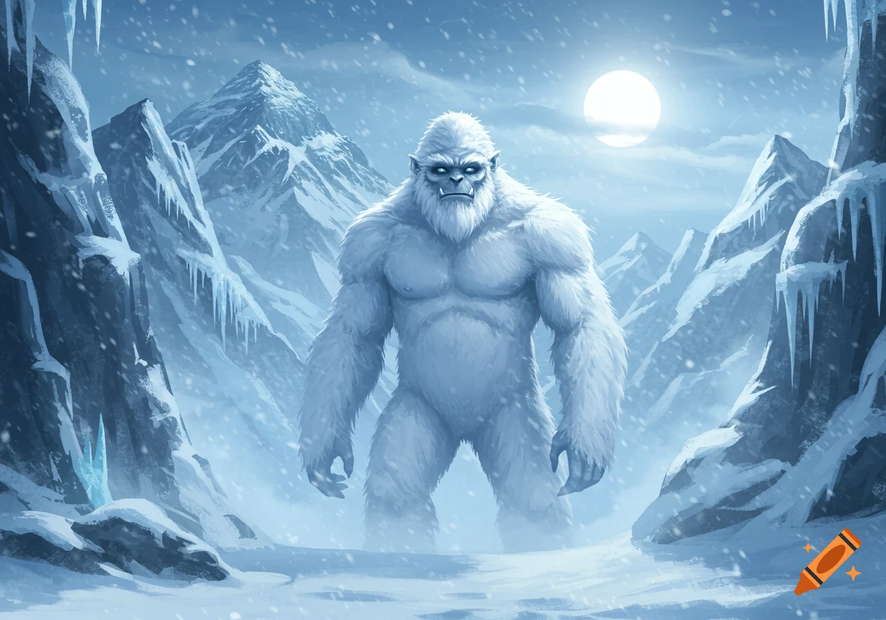 A large white Yeti with glowing eyes stands powerfully in a snowy mountain landscape under a full moon, with icicles on cliffs.