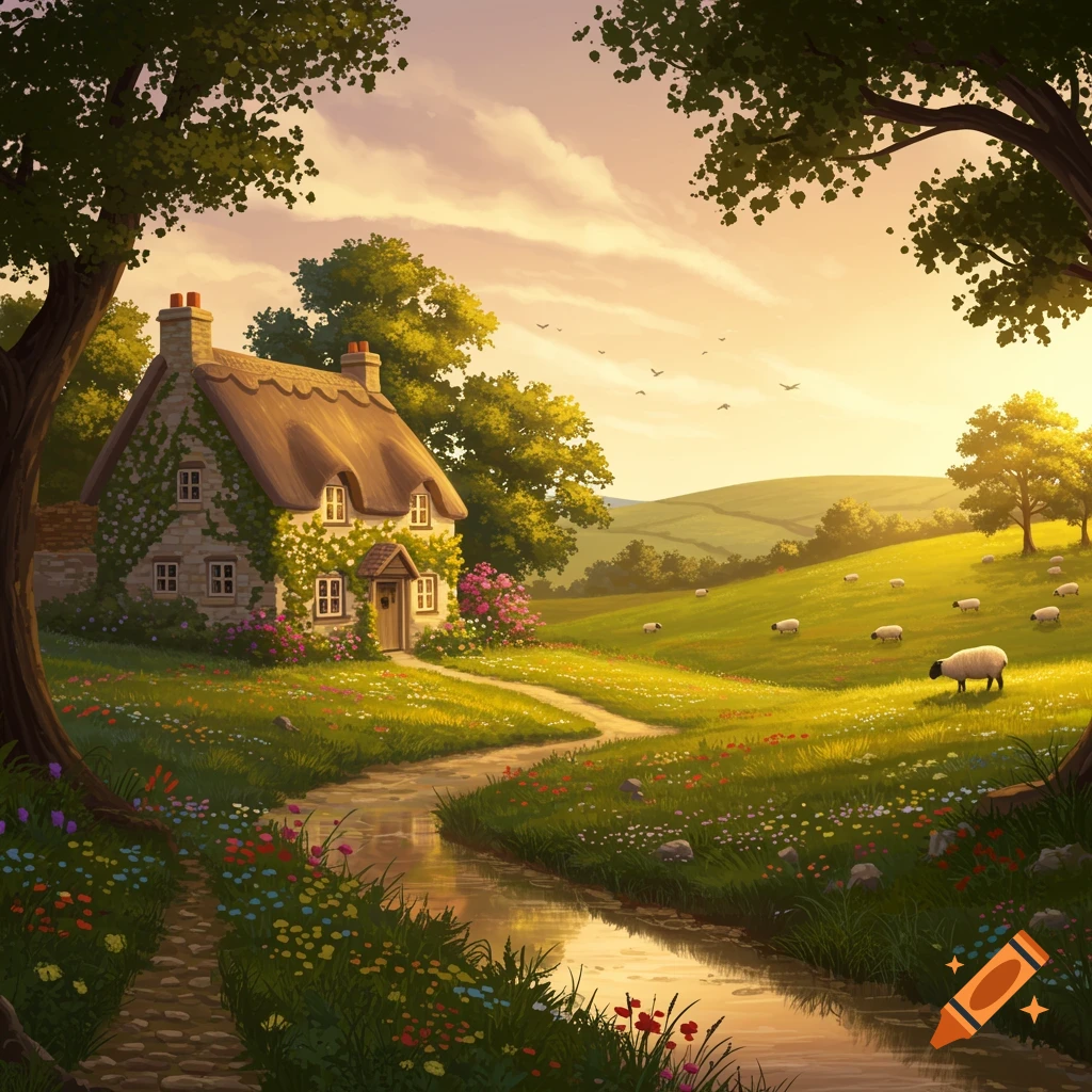 A charming cottage with a thatched roof by a winding stream in a sunny, green landscape with grazing sheep and wildflowers.