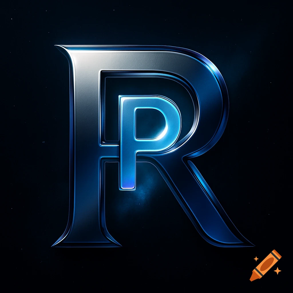 A stylized, metallic blue letter R with a glowing blue letter P inside it, against a dark background.