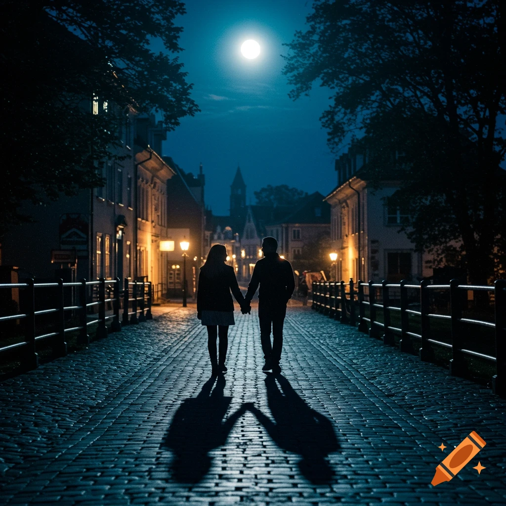 A silhouetted couple holding hands walks down a cobblestone street at night under a bright full moon, with streetlights illuminating buildings.