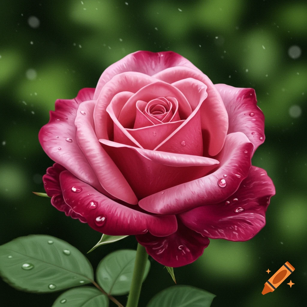 Close-up of a vibrant pink and red rose with water droplets on its petals, set against a blurred green background.