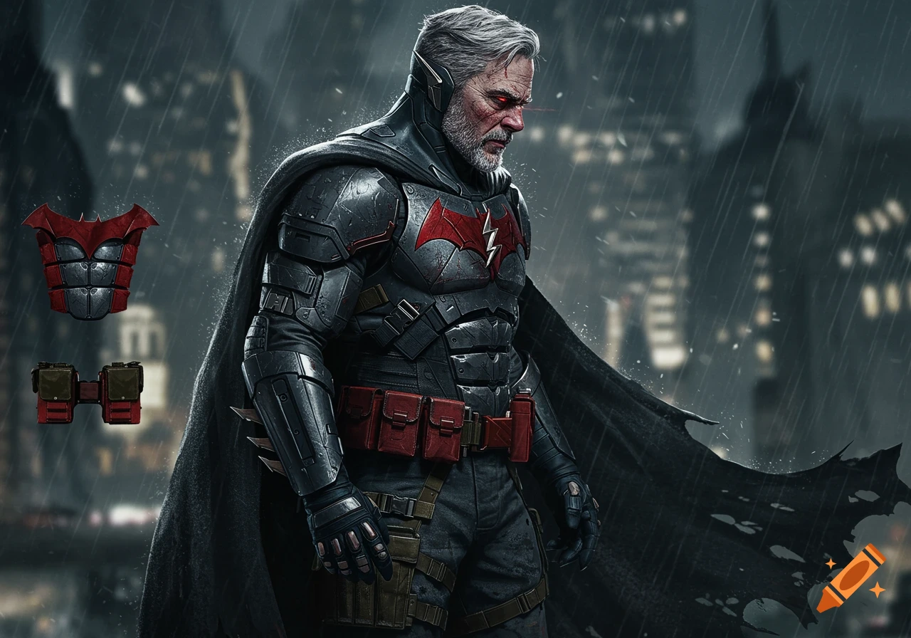 Photorealistic image of an older, gray-haired Flashpoint Batman in a dark armored suit with a red lightning bolt symbol on his chest, standing in the rain.