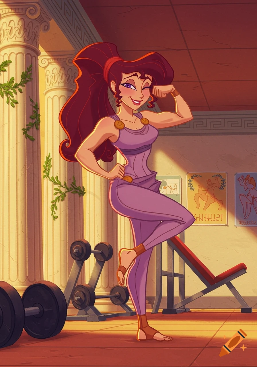 Megara from Disney's Hercules winks and flexes her bicep in an ancient Greek-themed gym, in a vibrant cartoon style.