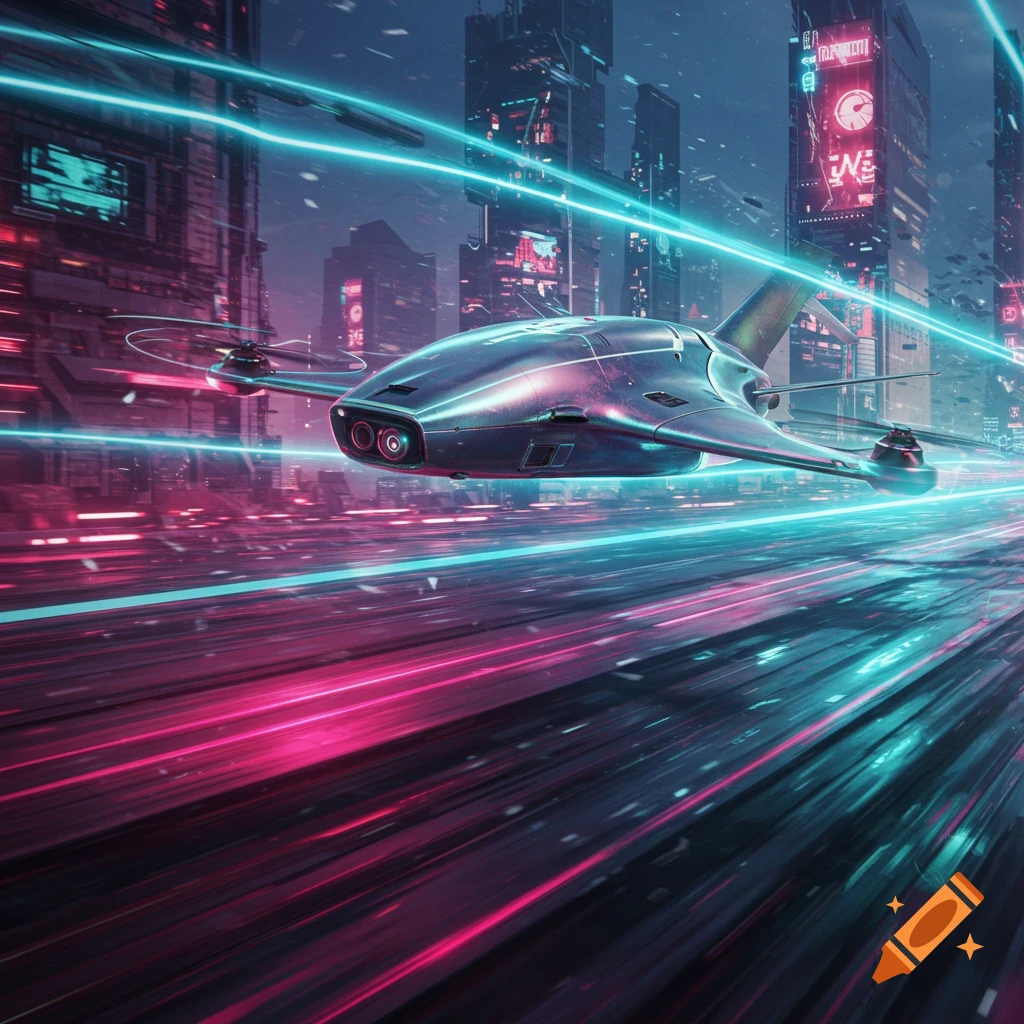 A sleek, futuristic silver flying vehicle speeds through a neon-lit cyberpunk city at night, leaving bright pink and blue light trails.