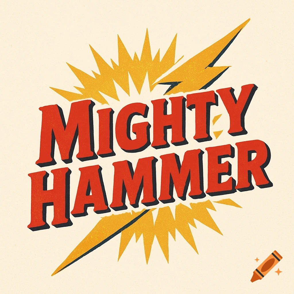 A vintage 50s style logo with the text 'Mighty Hammer' in red, against a yellow lightning bolt and burst.