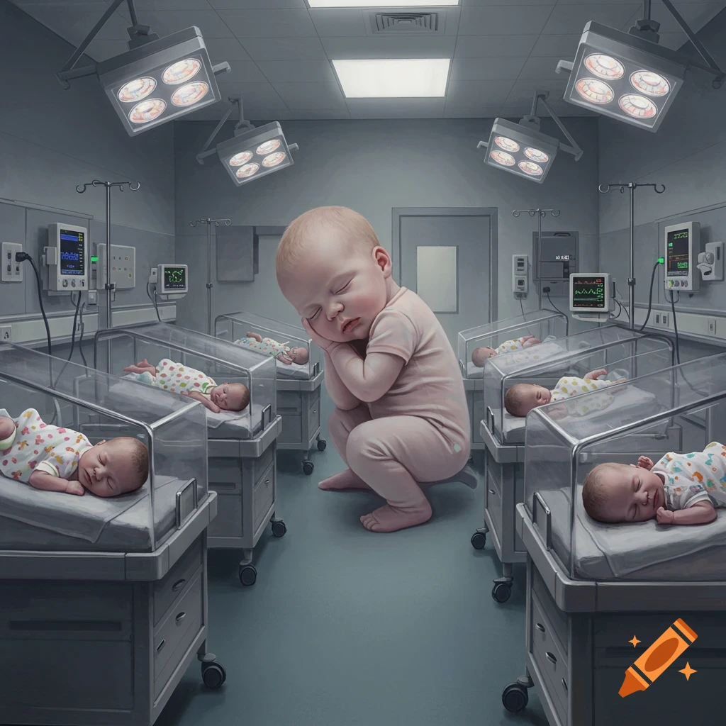 A giant baby, actually an adult woman, squats among several smaller infants sleeping in incubators in a hospital neonatal ward.
