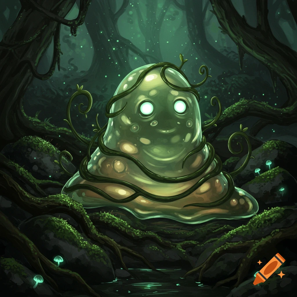 A cute, glowing green slime monster covered in vines sits in a dark, mossy forest with glowing mushrooms, digital art.