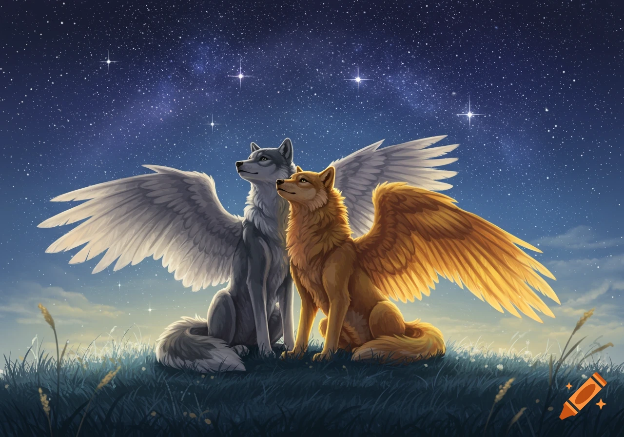Two winged wolves, one grey and one golden, sit together on a grassy hill under a starry night sky.