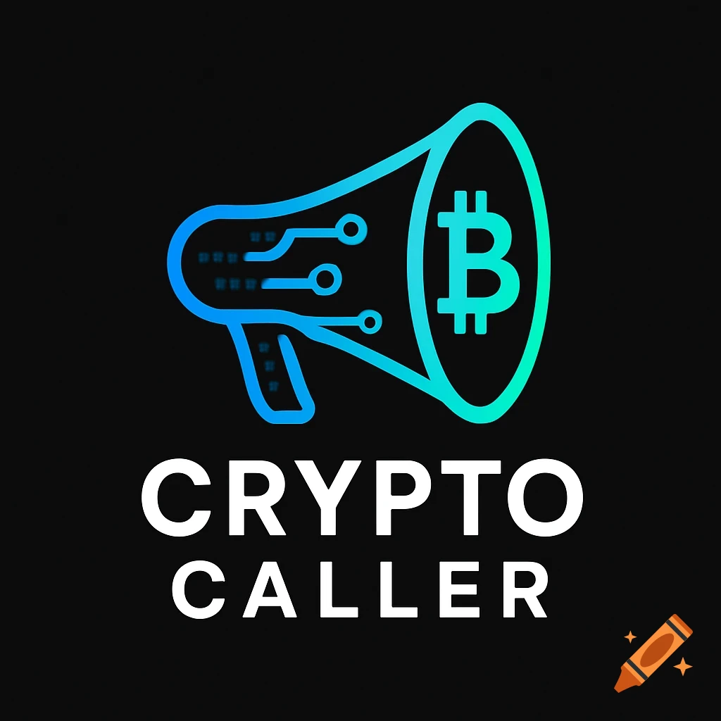 A blue and green gradient megaphone logo with a Bitcoin symbol on a black background, with the white text "CRYPTO CALLER" below it.