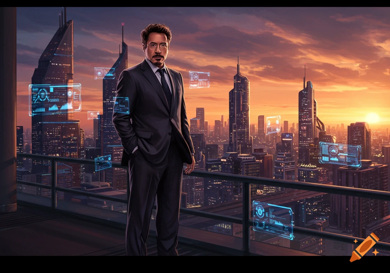 Tony Stark in a suit stands on a rooftop overlooking a futuristic cityscape at sunset with holographic displays.
