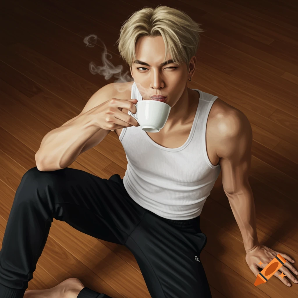 A hyperrealistic portrait of a blonde man in a white tank top sitting on a wooden floor, winking while sipping from a white cup.