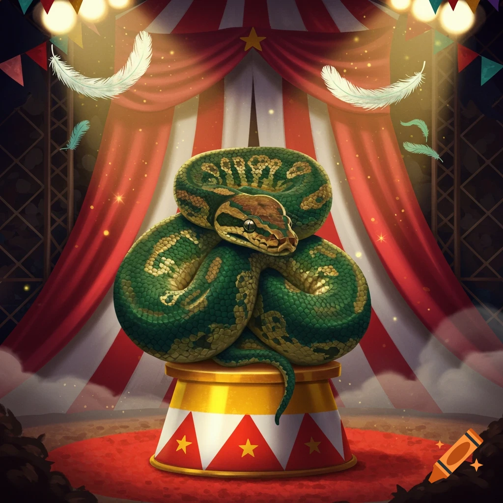 An illustrated ball python coiled on a circus pedestal in a striped tent, with feathers floating above.