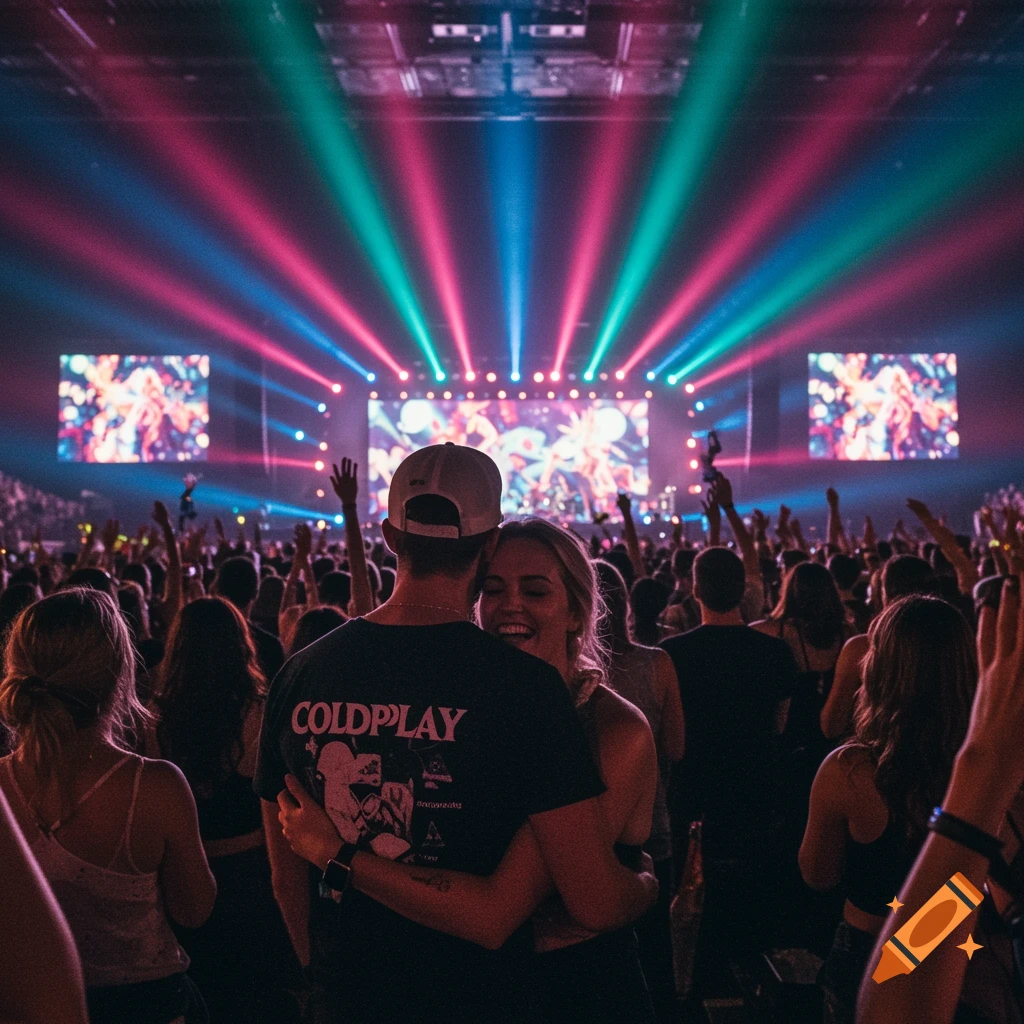 A photorealistic image of a couple hugging in a large, excited crowd at a Coldplay concert, illuminated by vibrant pink and teal stage lights.