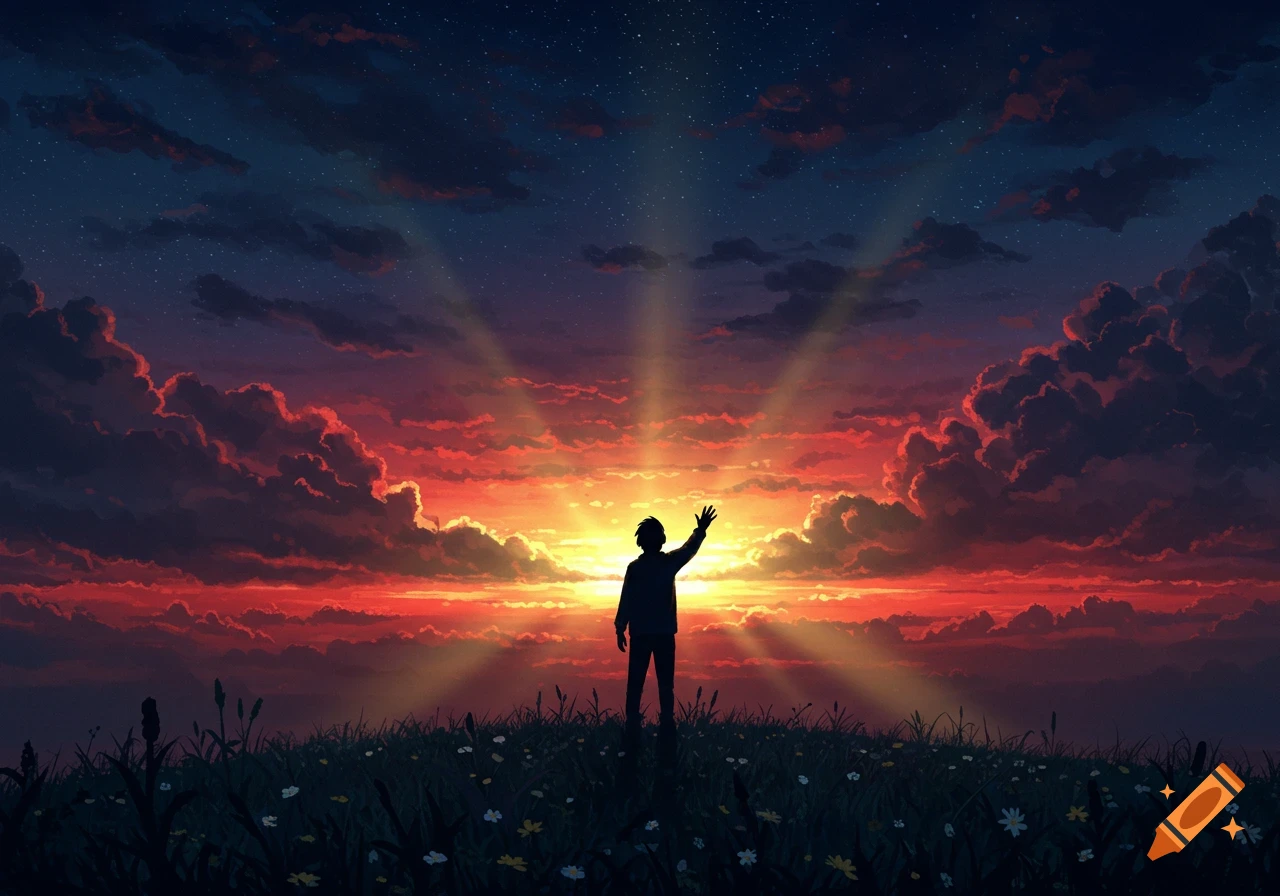 Silhouette of a person standing on a grassy hill, waving towards a vibrant sunset with sun rays, digital art.