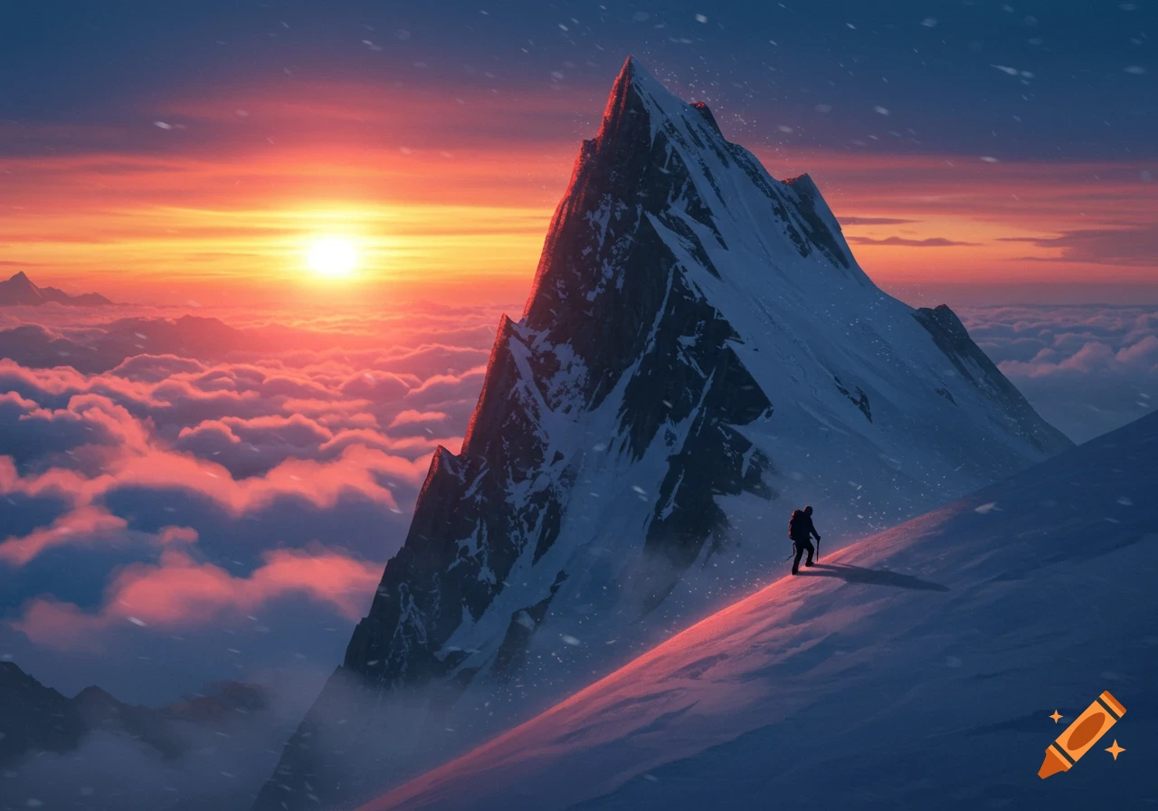 A lone person climbs a snow-covered mountain at sunset, with an orange sky and clouds below. Snow falls.