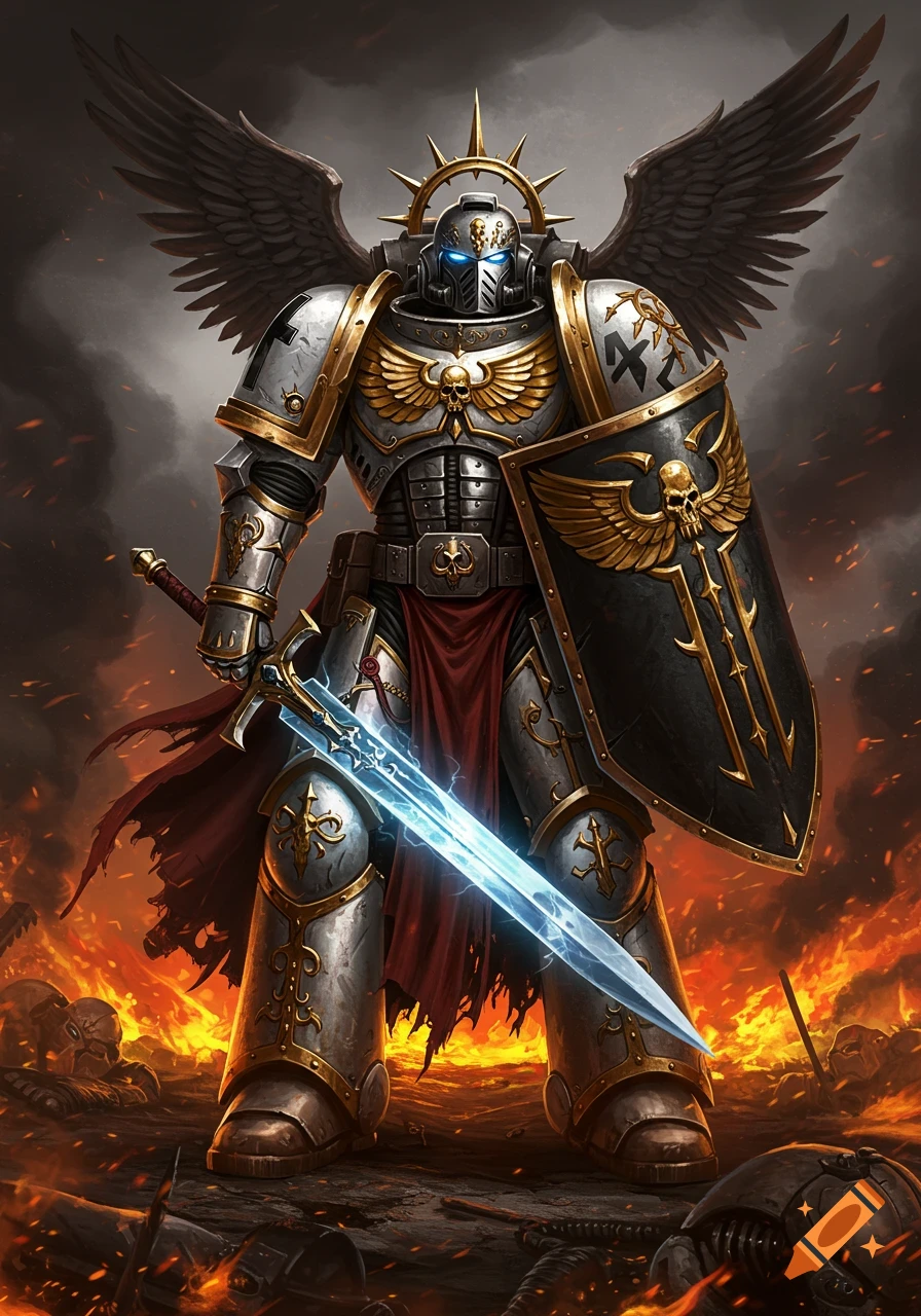 A heavily armored Warhammer 40k Space Marine, the Deathwing Bladeguard Veteran, stands in a fiery battlefield with a glowing sword and shield.