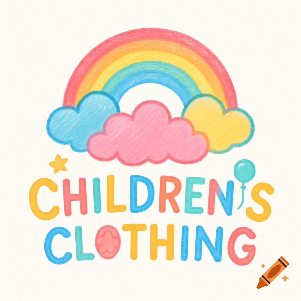 A colorful crayon-style logo featuring a rainbow, clouds, a star, and the words "CHILDREN'S CLOTHING" in playful fonts.