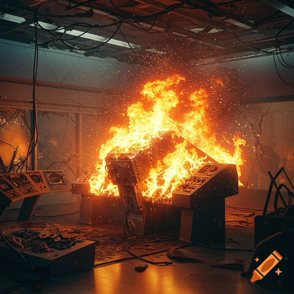 A photorealistic image of a flight simulator control room engulfed in bright orange flames and sparks, with damaged equipment.