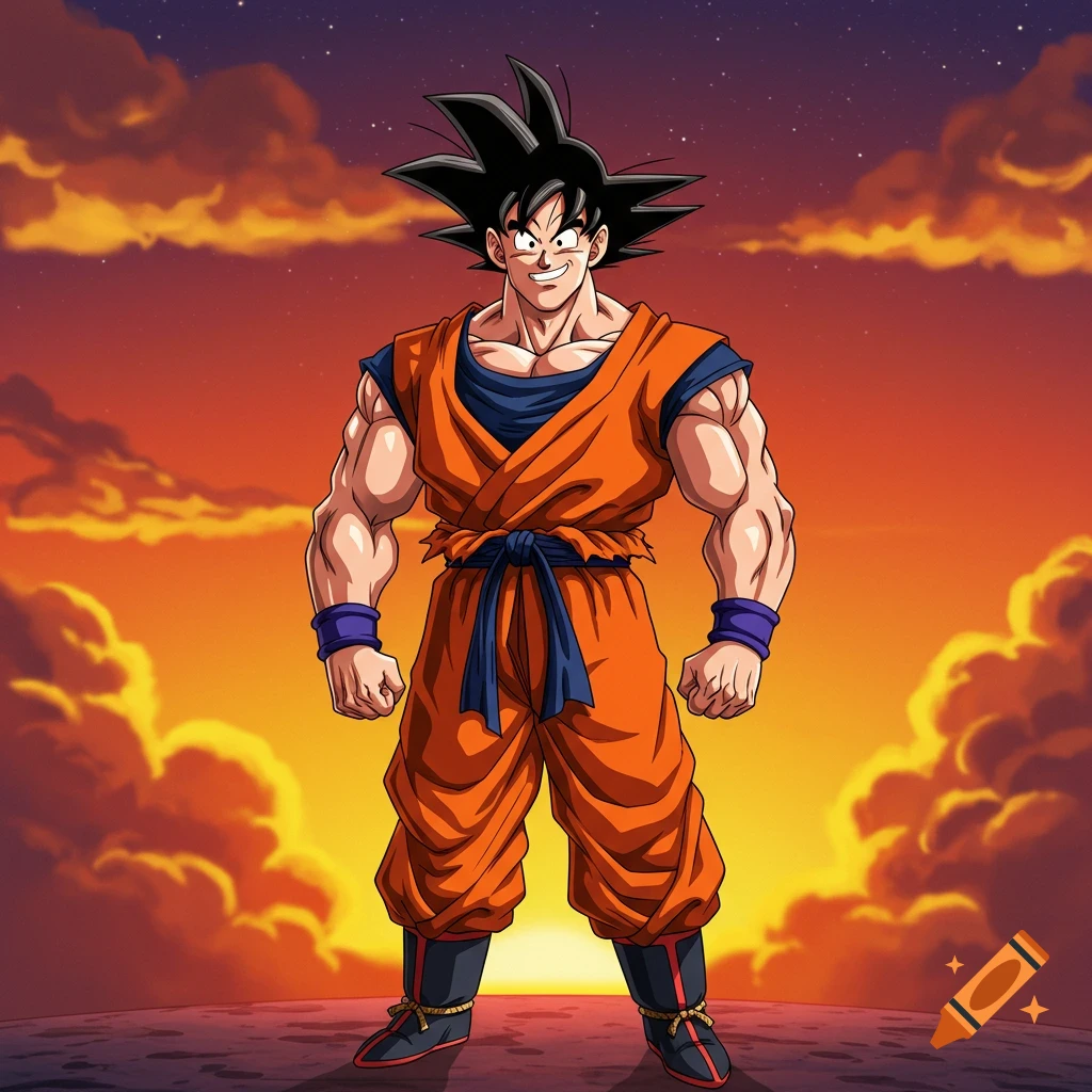 Goku from Dragon Ball Z stands muscularly in an orange gi against a dramatic sunset sky.