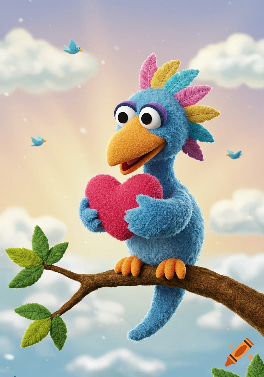 A fluffy blue muppet-like bird with colorful head feathers sits on a branch, holding a pink heart.