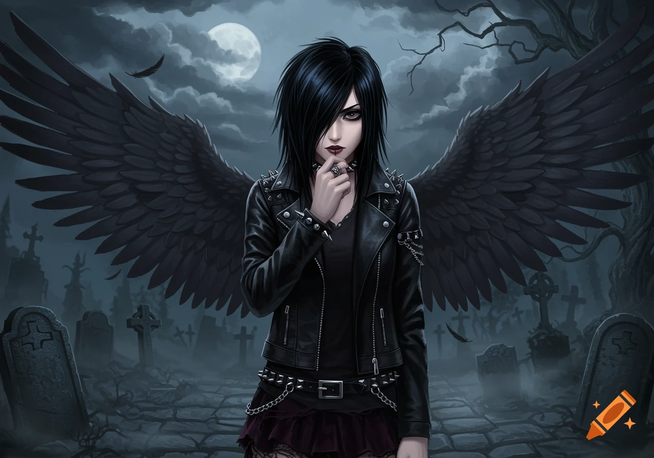 An anime illustration of an emo girl with black wings standing in a moonlit cemetery, hand to chin, looking upset.