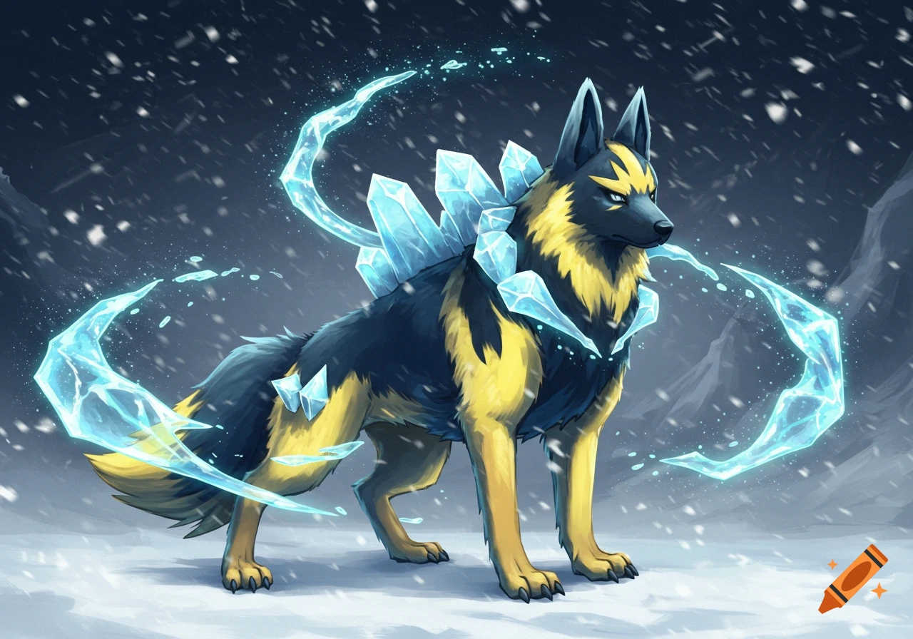 A dark blue and yellow German Shepherd-like creature with ice shards and swirling ice, in a snowy landscape in a Pokemon art style.
