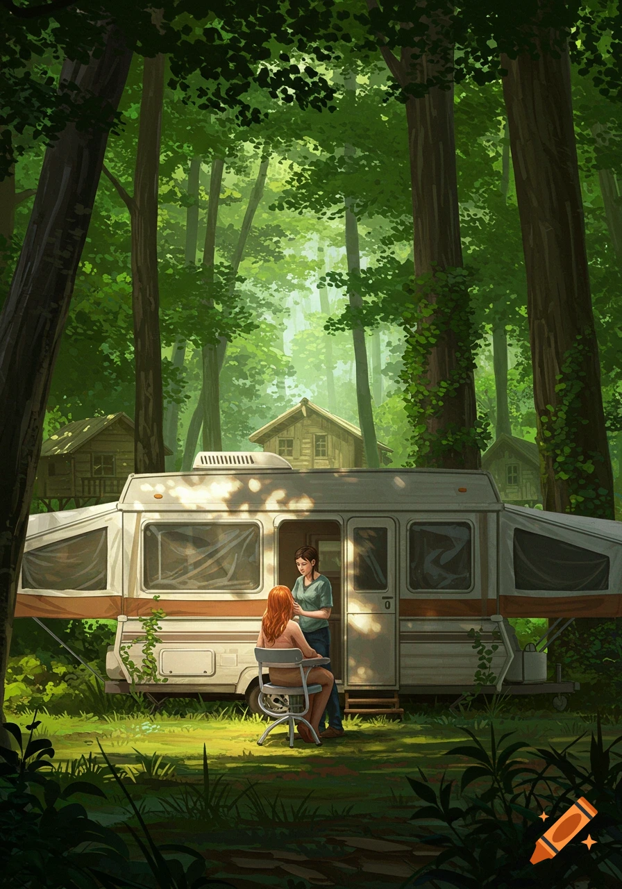 Two women stand by a pop-up camper in a sunny forest with cabins in the background, in an illustrative style.