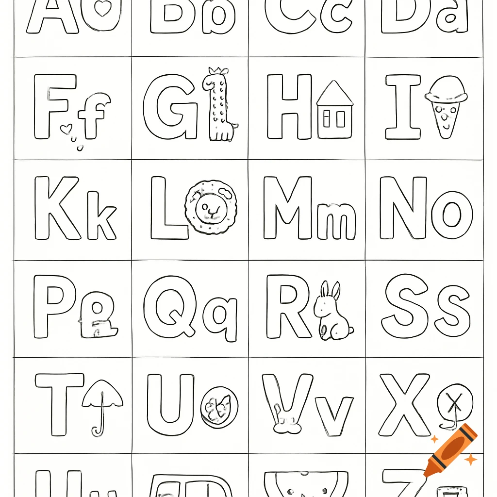 A black and white alphabet coloring page grid featuring uppercase and lowercase letters with simple illustrations for each letter.