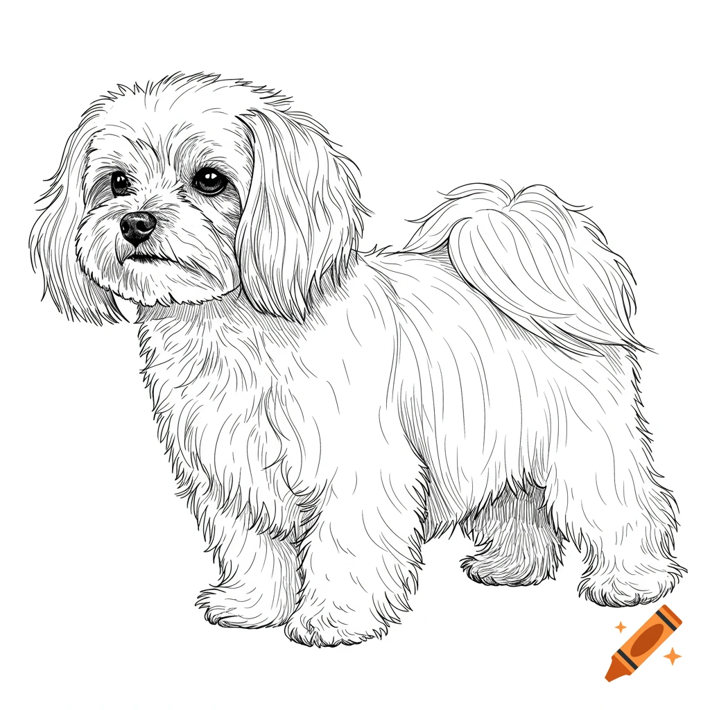 A black and white line art drawing of a Maltese dog standing.