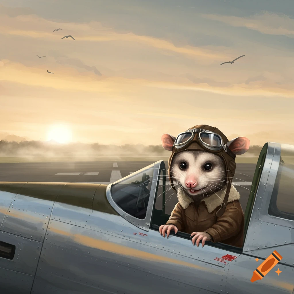 A cute possum wearing a pilot's helmet and goggles sits in the cockpit of a fighter jet at an airfield during sunset.