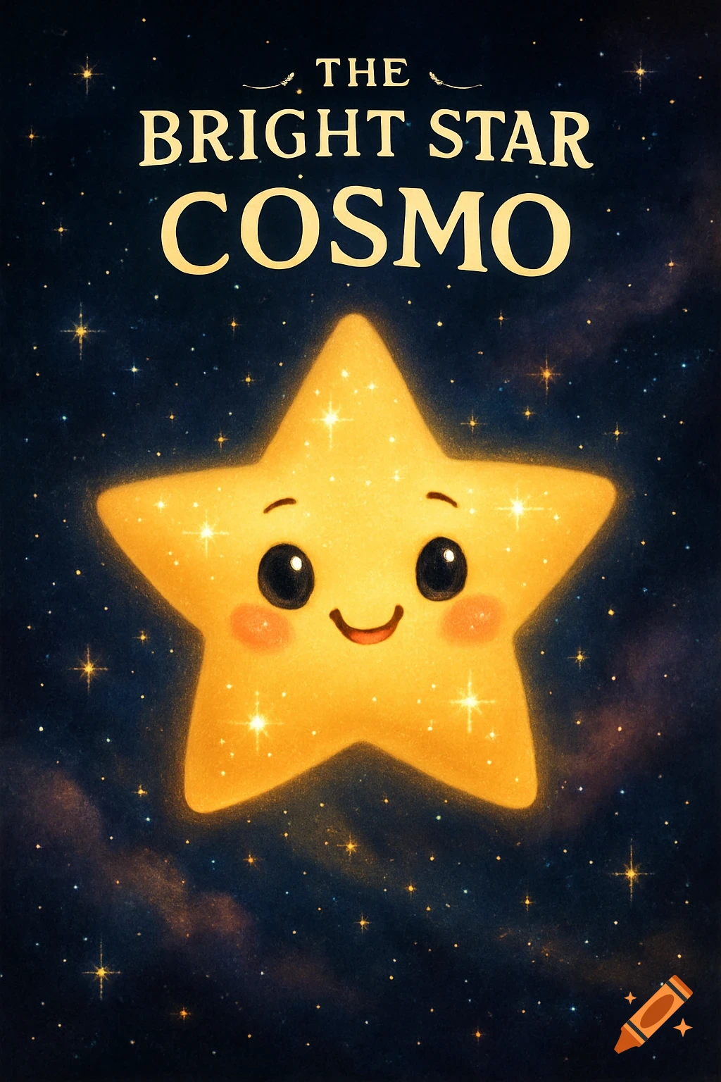 A cute, sparkling golden cartoon star with a smiling face in a starry night sky, with the title "THE BRIGHT STAR COSMO".